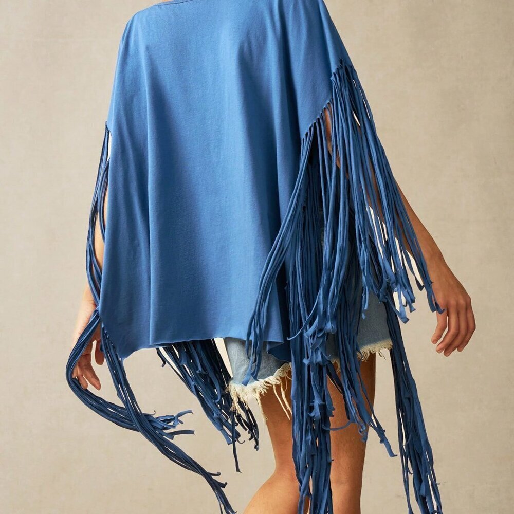 Blue Casual Women's Tropical Vacation Clothes Knit Oblique Collar Fringe T-Shirt - Picture 2 of 7